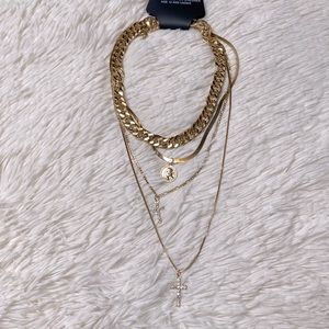 Edge Gold Diamond Accent Cross Chain Layered Necklace
